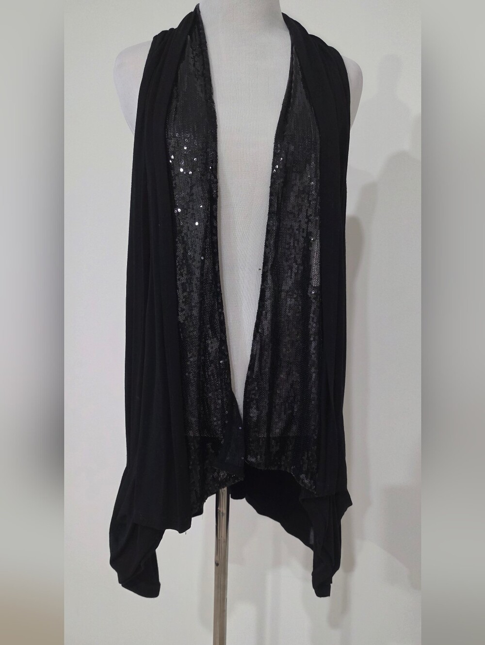 Black Sequined Open Front Draped Cardigan